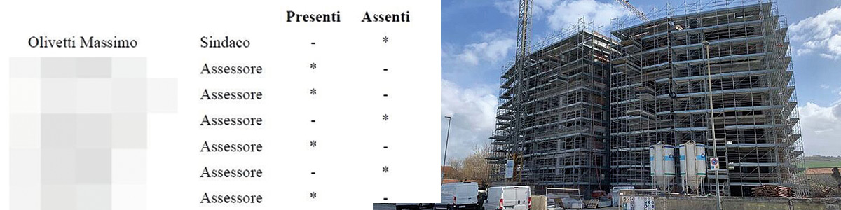 A sinistra, la delibera con l'elenco dei presenti e assenti. A destra l'edificio multipiano in costruzione nell'area ex-colonie Enel