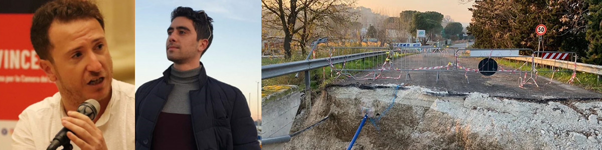 A sinistra, Dario Romano, al centro, Giovanni Margiotta e a destra una vista sul ponte del Vallone danneggiato dall'alluvione