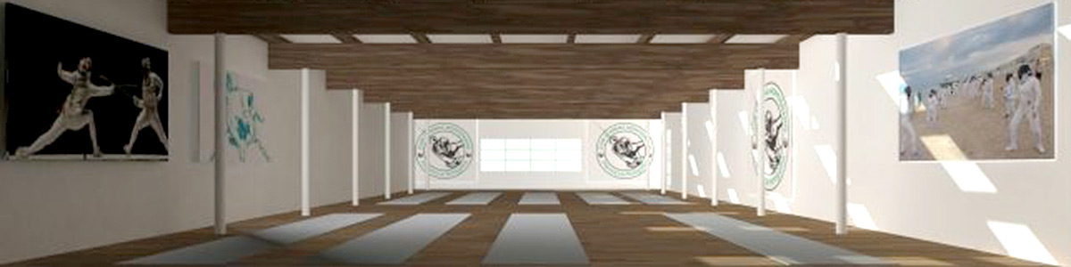 Una simulazione in 3D degli spazi interni del palascherma secondo il progetto presentato nel 2018: un ambiente molto ampio, bianco e in legno