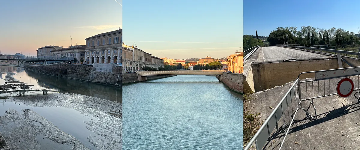 A sinistra, l'ex ponte Garibaldi (che non c'è). Si vede la passarella metalica, nota come Ponte del Fiaton. Al centro il Ponte degli Angeli. A destra il ponte della Chiusa, al Vallone, rotto e inagibile dopo l'alluvione del 2022.