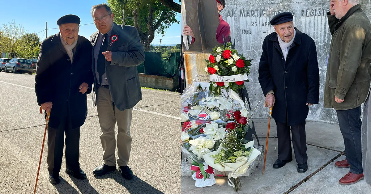 A sinistra, Nibio Greganti in una foto del 2023 con Leonardo Giacomini, presidente di ANPI Senigallia. Sono in piedi, Nibio ha il bastone e indossa il suo proverbiale berretto. A destra, NIbio vicino al monumento per Aldo Cameranesi decorato con fiori e corone, è il 25 aprile 2023.
