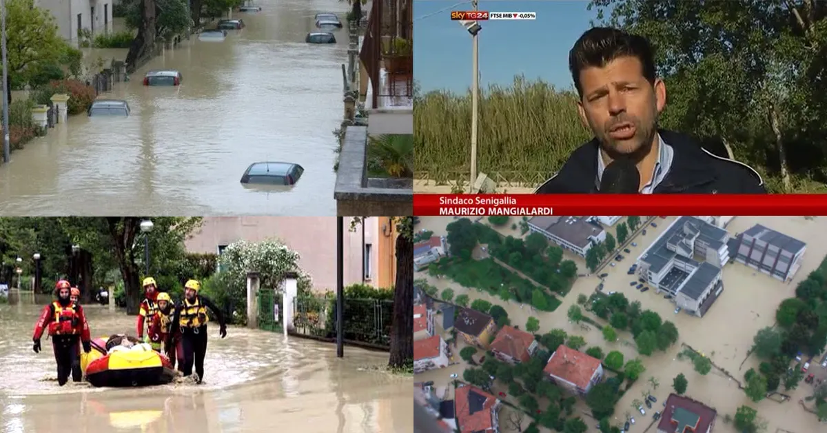Senigallia allagata in varie foto dall'alto o dalla strada. Una foto mostra Mangialardi intervistato da Sky