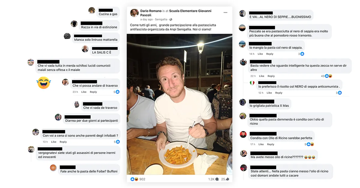 Il post di Dario romano dal suo profilo Facebook e una selezione di commenti di odio. Raggruppati per temi: molti commenti invitano a mangiare nero di seppia, altri sperano che la pasta si condita con olio di ricino, altri chiedono se c'è la Salis