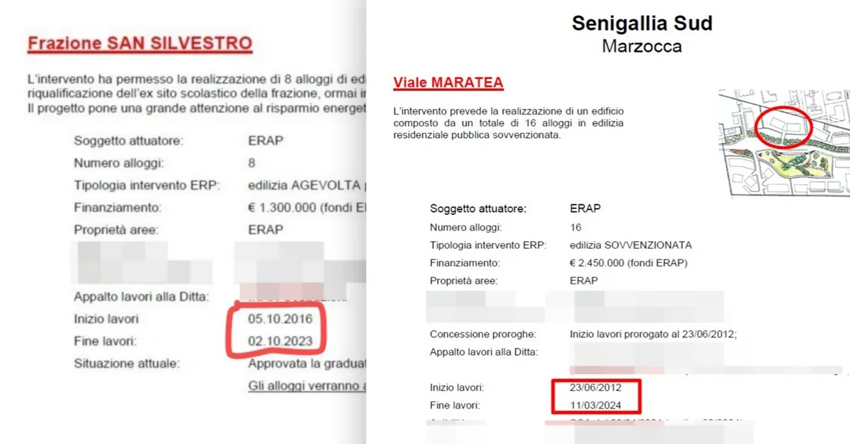 A destra, quello di Marzocca con la data di inizio lavori certificato al 2012. A sinistra, San Silvestro, inizio lavori 2016