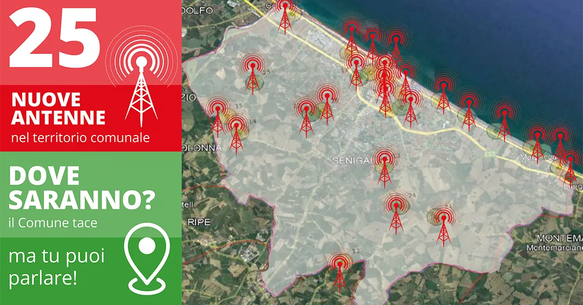 La mappa con le 25 antenne distribuite sul territorio del comune, con una particolare concnetrazione nel centro di Senigallia