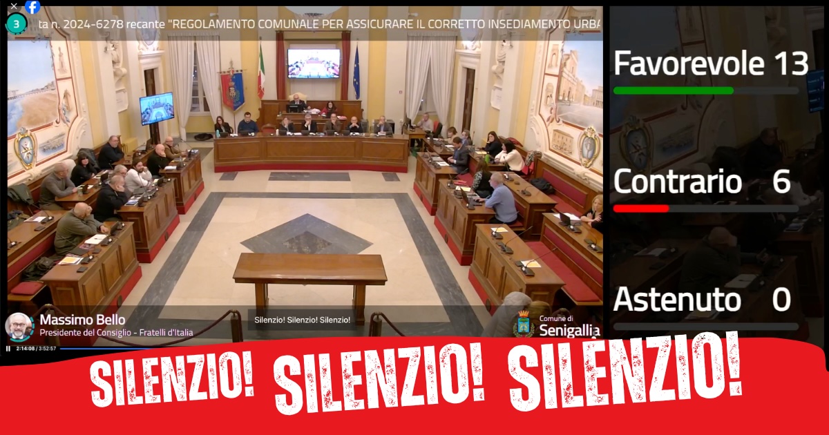 Foto dello schermo della seduta, appena terminata la votazione (13 favorevoli e 6 contrari). Bello impone "Silenzio! Silenzio! Silenzio!" mentre il pubblico protestava "Vergogna!"