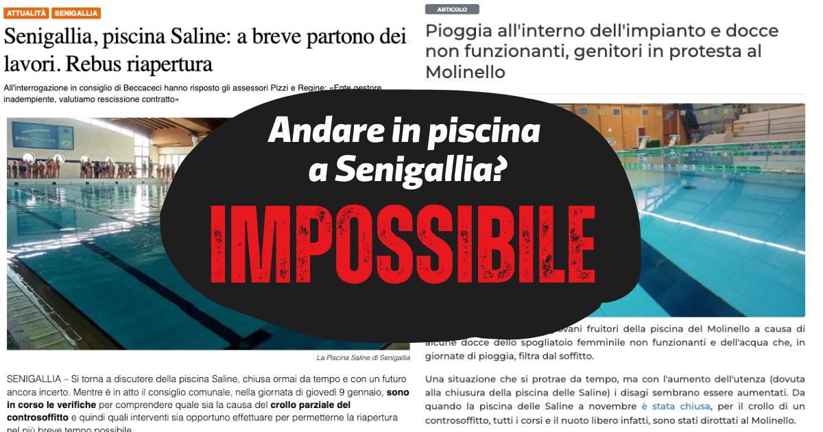 due articoli dai quotidiani regionali che descrivono le surreali situazioni alle Saline (piscina chiusa) e Molinello (degrado gravissimo)